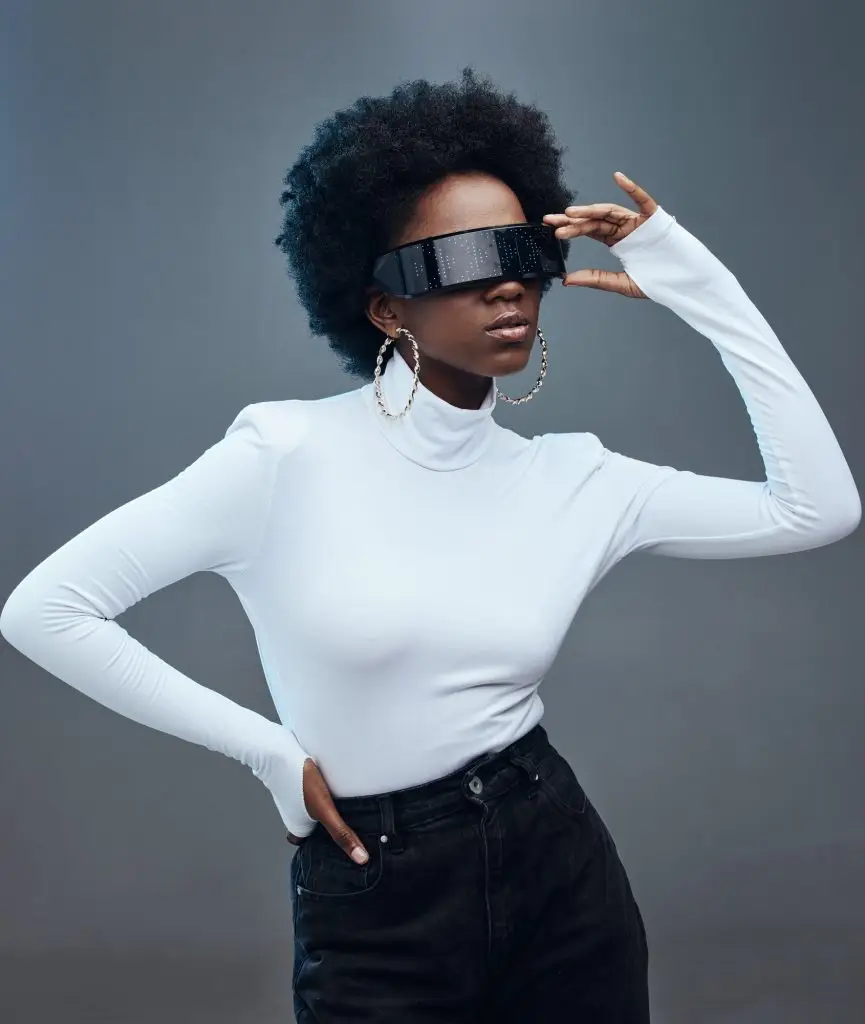 Futuristic sunglasses, fashion and black woman, cyberpunk and gen z with trendy designer brand agai
