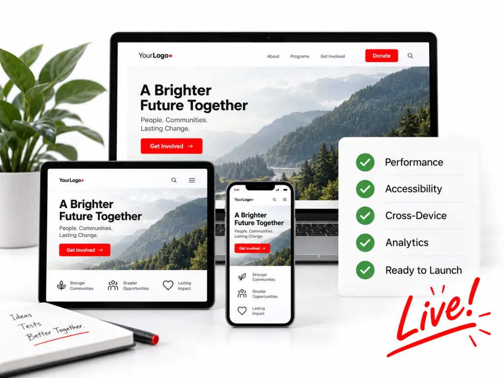 Responsive website displayed across desktop, tablet, and mobile with performance, accessibility, analytics, and launch-readiness checks.
