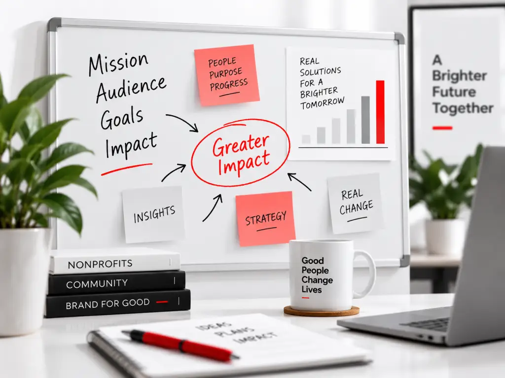 Strategy board showing mission, audience, goals, insights, and planning focused on creating greater impact.